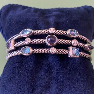 David Yurman Sterling Cable Bracelet with Blue Topaz, Amythest & Diamonds